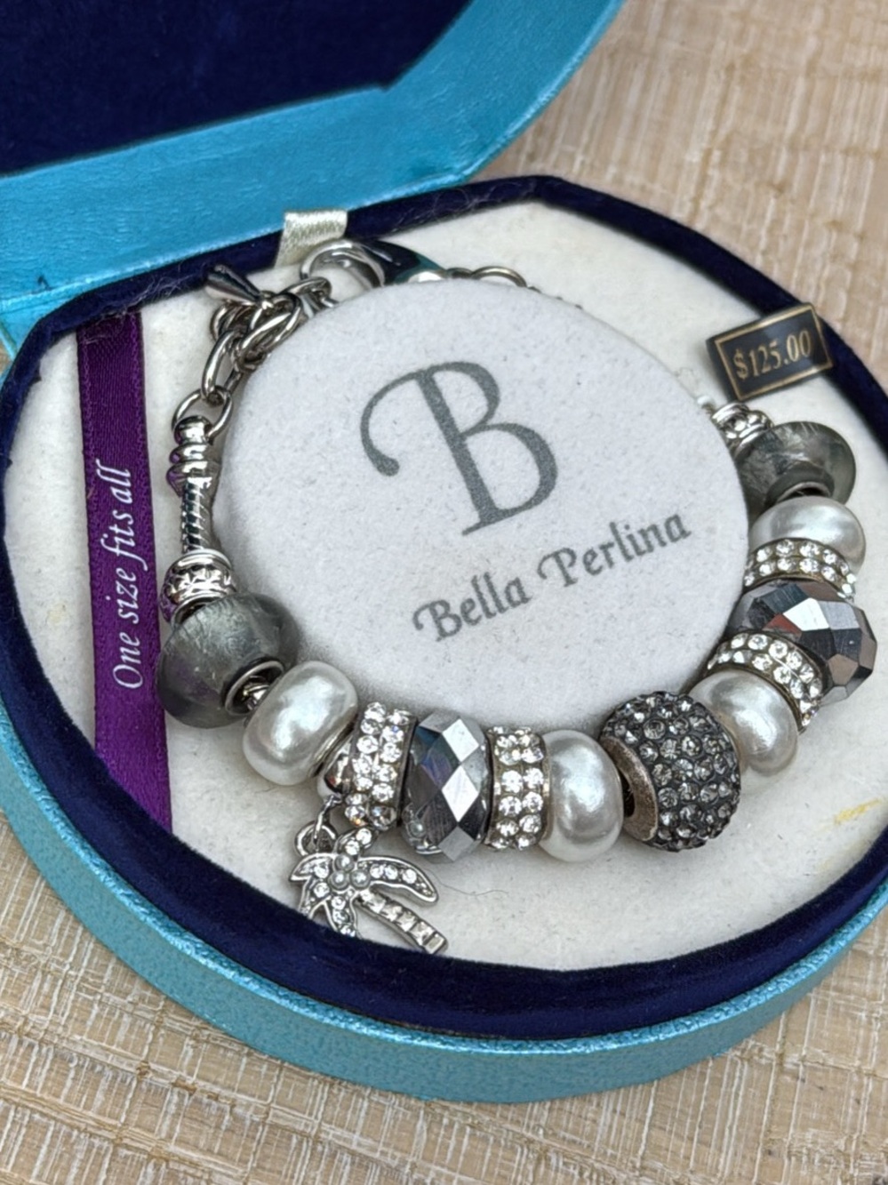 bella Perlina Silver Gray Pavé & Pearl Charm Bracelet